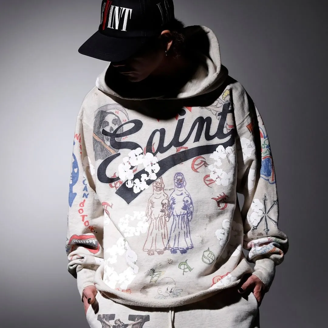 DENIM TEARS × ©SAINT M×××××× "SAINT TEARS" Graffiti Hoodie Joint Model Cotton Graffiti Hoodie Fully Printed Washed Distressed Holes Vintage Sweatshirt Gray S-XL Super Heavy Duty! The whole piece is printed with 35 screens and counterpoint printing!